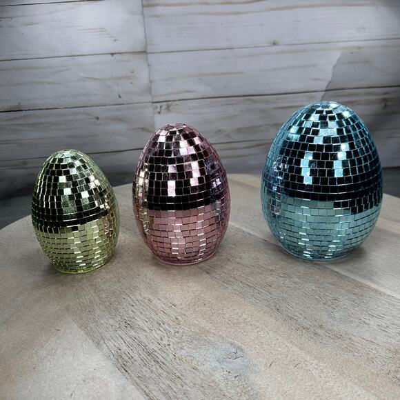 Easter Disco Table Top Eggs Mirror Pastel 3 Egg Set Pink Blue Yellow New Glitter - Picture 5 of 10